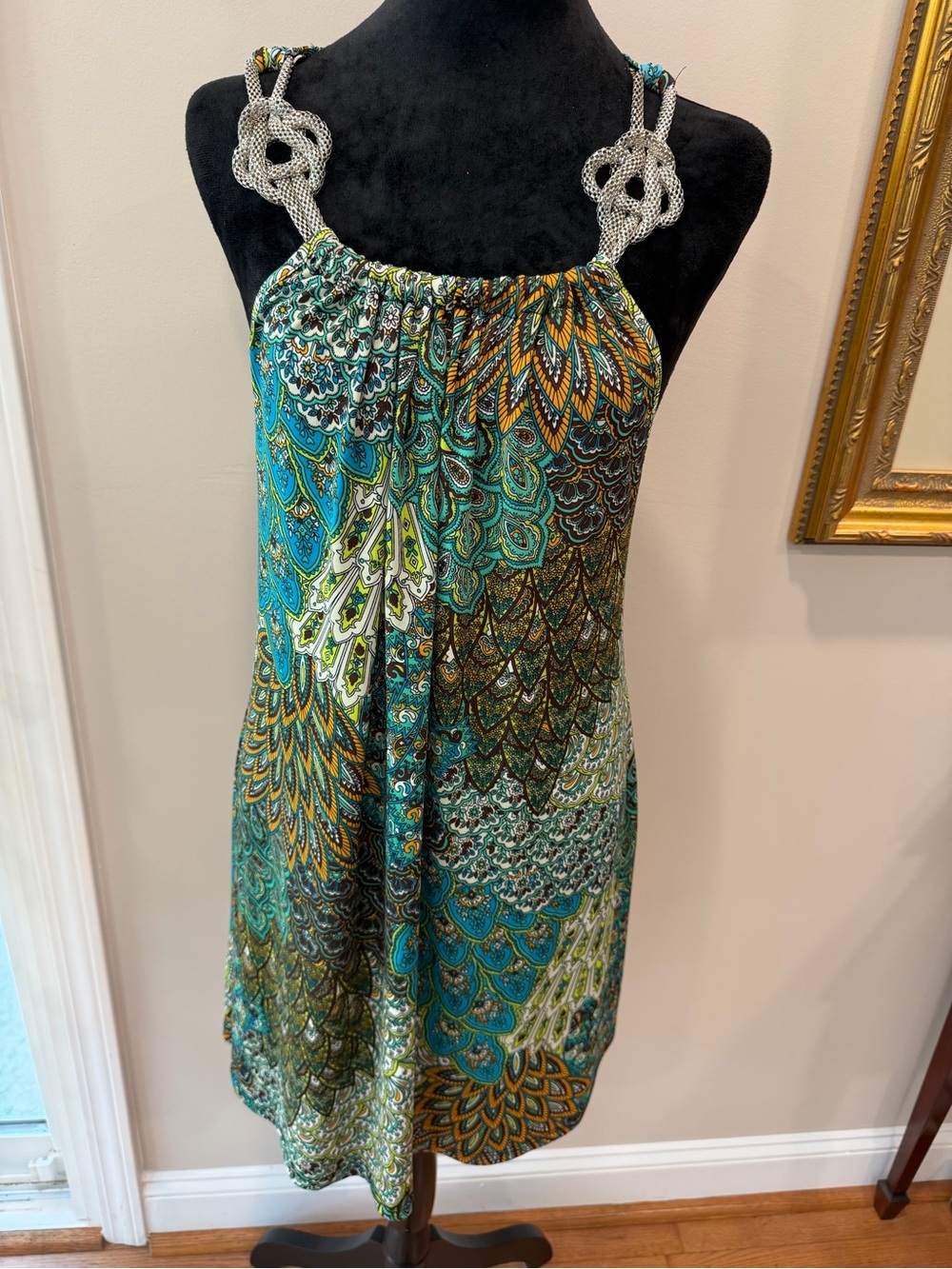 🆕 MT Collection Blue Paisley Boho Dress Size L Statement Straps NWT size large